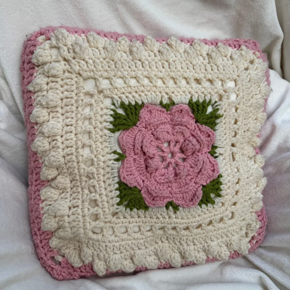 Handmade Crochet Rose Throw Pillow 15x15 Pink Cream Vintage Cottage 3D Floral
